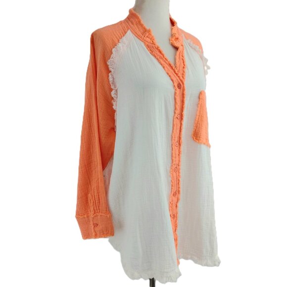Uncharted Threads 100% Cotton Button-Up Shirt Size LARGE Orange White Frayed - Picture 4 of 9